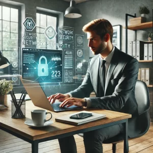 Profissional de segurança cibernética analisando ameaças digitais em um pequeno escritório.